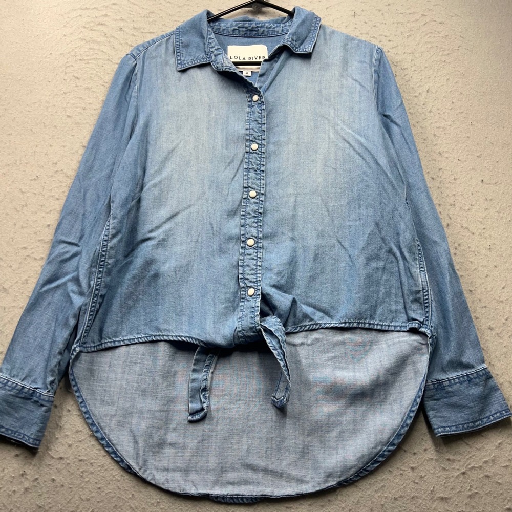 Lola River Womens Medium Denim Shirt Light Wash Snap Button Front Tie High Low